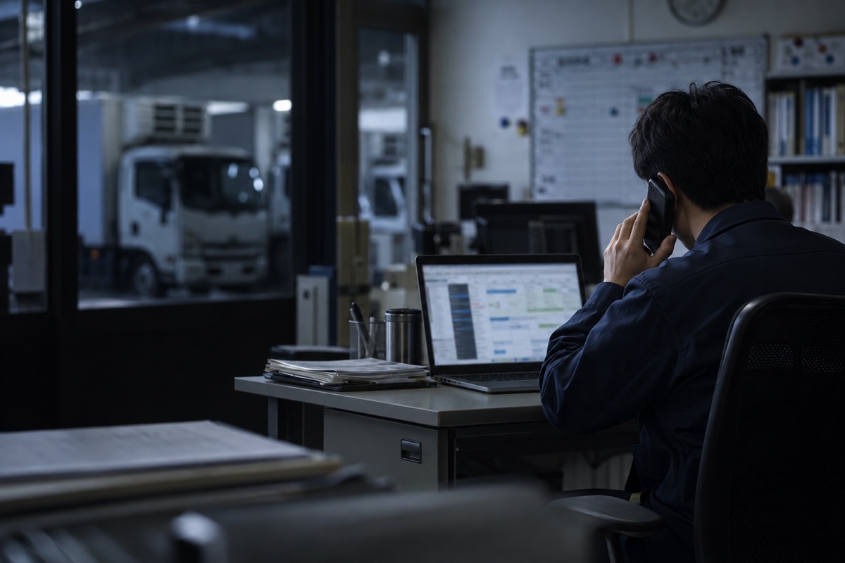 運送会社の事務所で配車画面を見ながら電話する管理者
